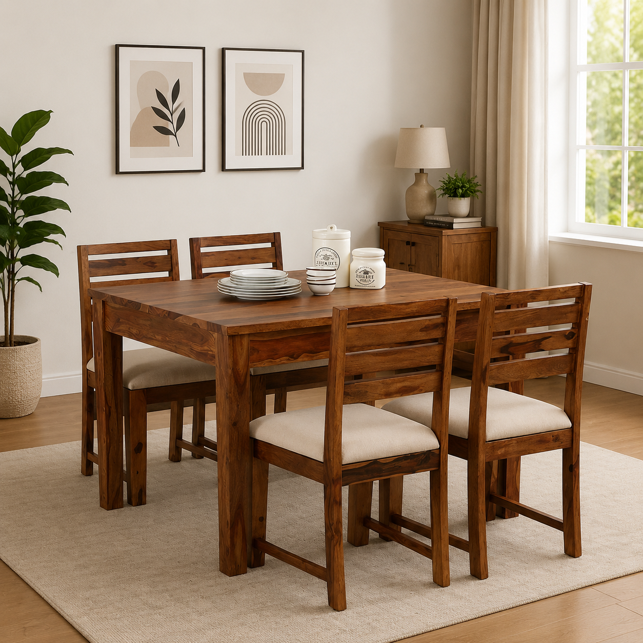 Aenvira Solid Sheesham Wood 4 Seater Dining Table Set in Elegant Natural Tone