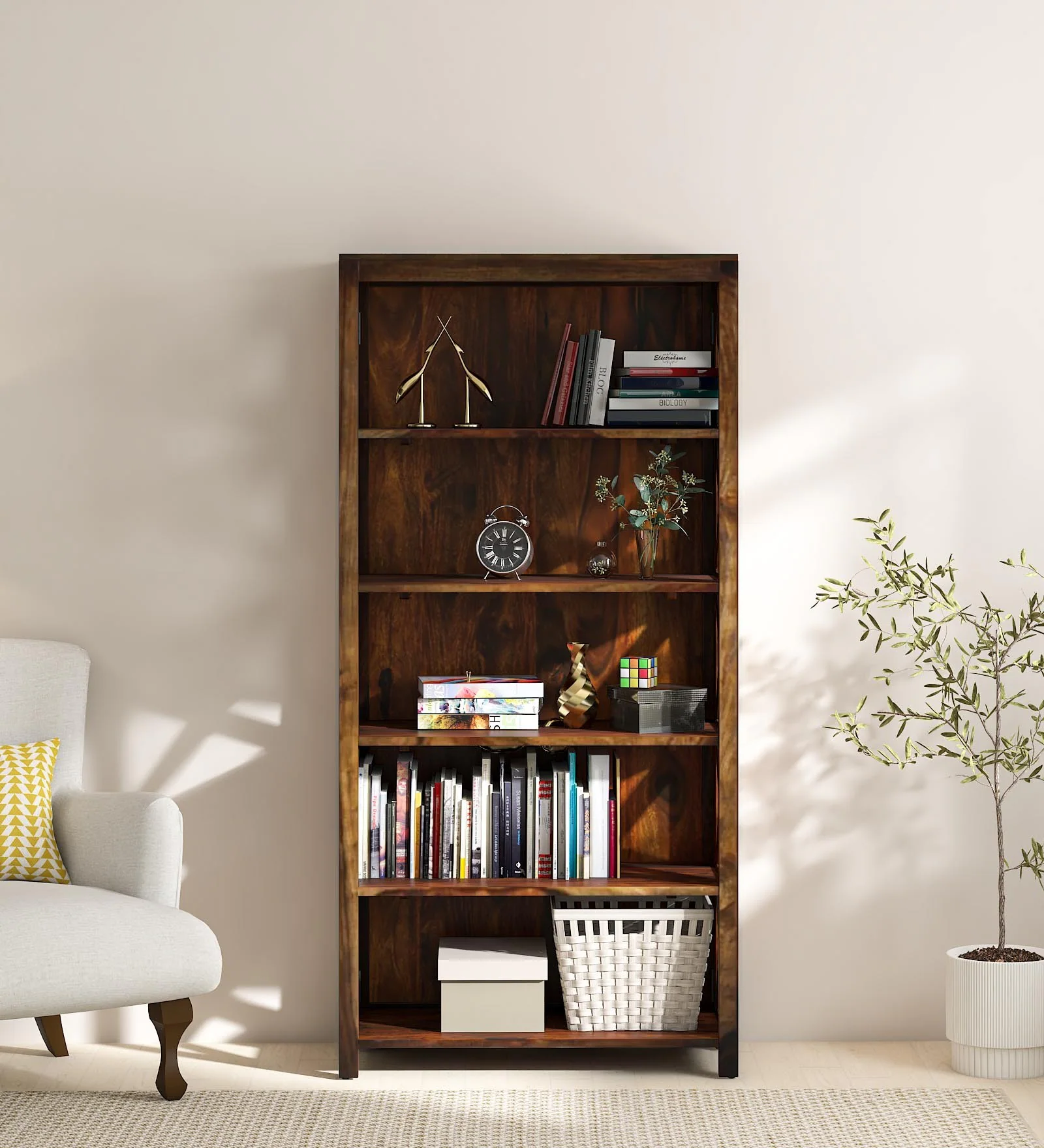 classic-wood-6-3-1.webp Driftola Mango Wood Book Rack with Rustic Distressed Finish and Iron Brackets - Image 1