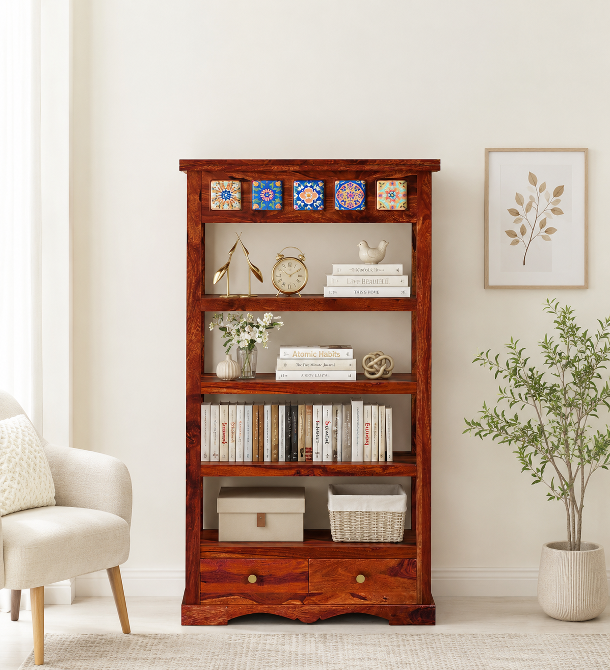 Smriti-Solid-Sheesham-Wood-Bookcase-with-Adjustable-Shelves-in-Warm-Brown-Finish-1.png Smriti Solid Sheesham Wood Bookcase with Adjustable Shelves in Warm Brown Finish - Image 1