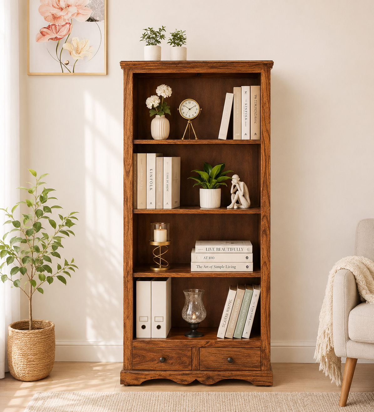 Praangan-Solid-Sheesham-Wood-Bookshelf-in-Walnut-Brown-Finish-classic-wood-1.png Praangan Solid Sheesham Wood Bookshelf in Walnut Brown Finish - Image 1